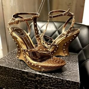 Brown and Gold Studded Wedge Sandals